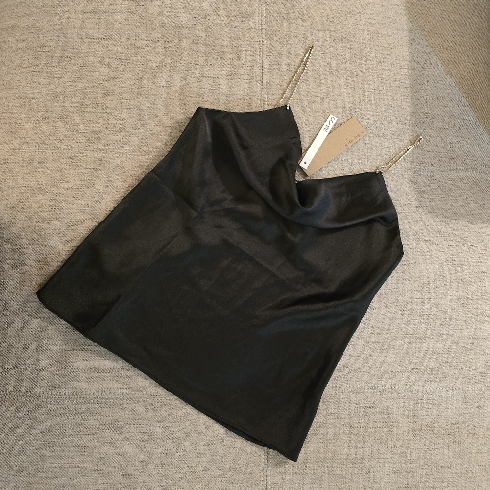 Do+Be Cowl Neck with Rhinestone Straps, Satin Rich Black Top Sz Small